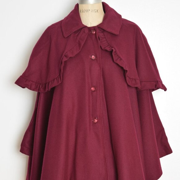 vintage 60s cape coat burgundy wool ruffle caplet jacket tiered Sherlock draped - Picture 4 of 11